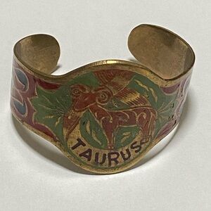 Vintage Brass Hand Painted TAURUS Zodiac Astrology Cuff Bracelet